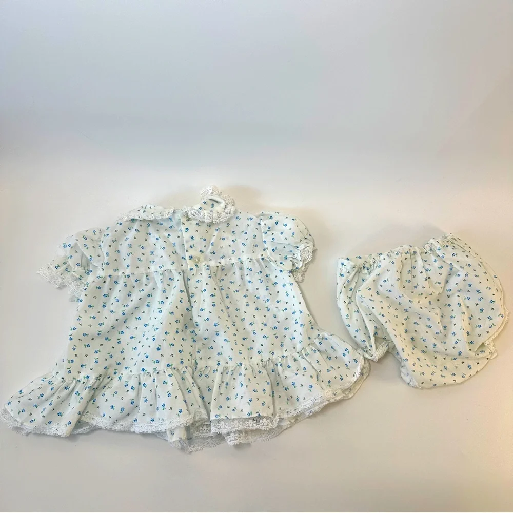 VTG Toddle Time by JcPenney Smocked‎ Dress Bloomer White w/ Blue Flowers 2pc set